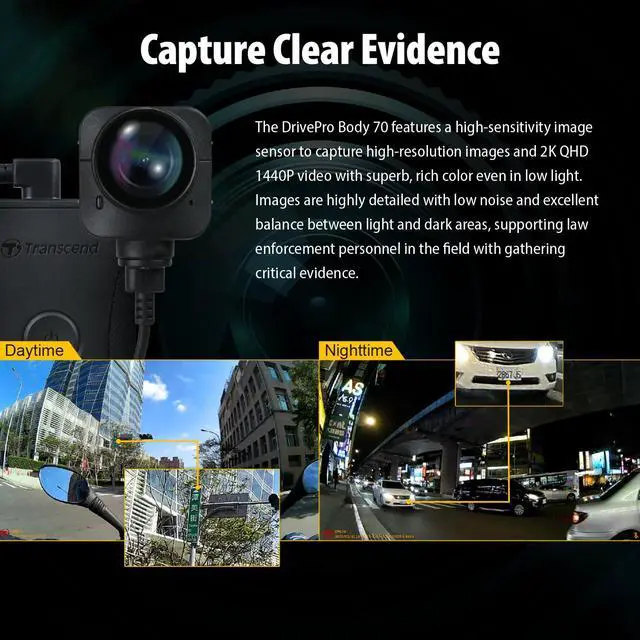 Alt view image 3 of 6 - 64GB, DrivePro Body 70, Body Camera, Wi-FI & Bluetooth, GPS, IP68 Weatherproof, 1440P 2K QHD, 9-Hour Battery Life, Tethered Camera, Ideal for Law Enforcement & Security - TS64GDPB70A