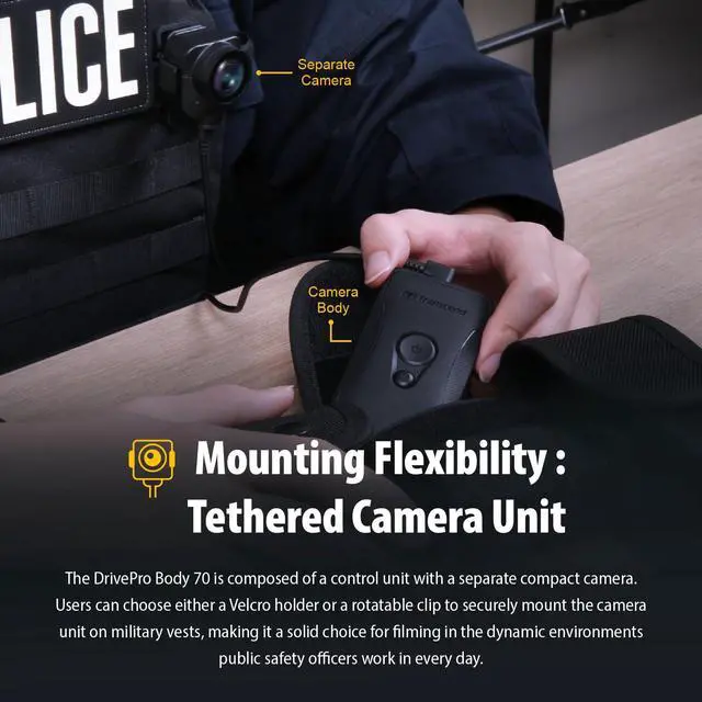 Alt view image 4 of 6 - 64GB, DrivePro Body 70, Body Camera, Wi-FI & Bluetooth, GPS, IP68 Weatherproof, 1440P 2K QHD, 9-Hour Battery Life, Tethered Camera, Ideal for Law Enforcement & Security - TS64GDPB70A