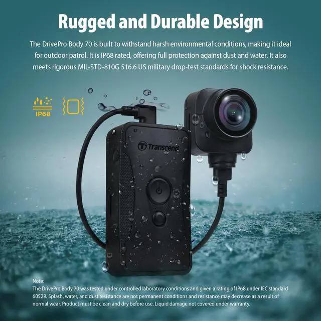 Alt view image 5 of 6 - 64GB, DrivePro Body 70, Body Camera, Wi-FI & Bluetooth, GPS, IP68 Weatherproof, 1440P 2K QHD, 9-Hour Battery Life, Tethered Camera, Ideal for Law Enforcement & Security - TS64GDPB70A
