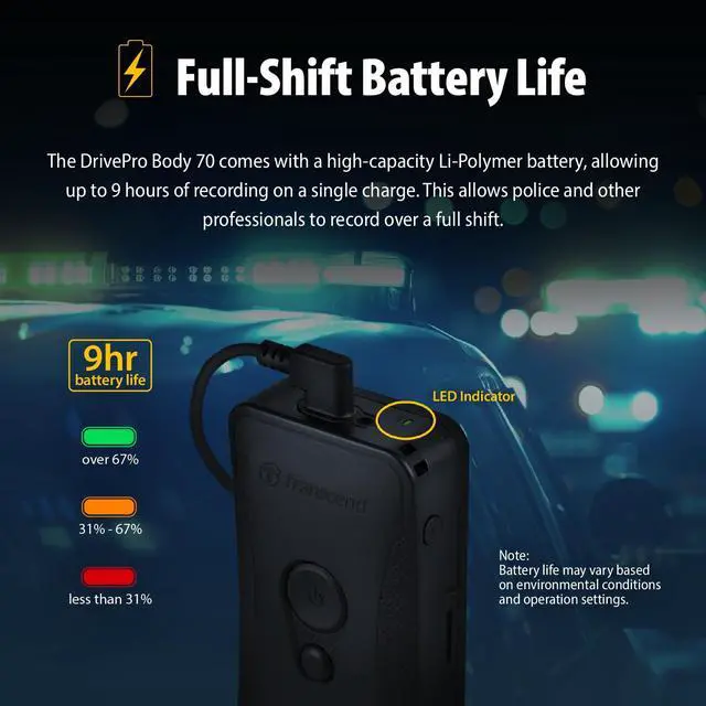 Alt view image 6 of 6 - 64GB, DrivePro Body 70, Body Camera, Wi-FI & Bluetooth, GPS, IP68 Weatherproof, 1440P 2K QHD, 9-Hour Battery Life, Tethered Camera, Ideal for Law Enforcement & Security - TS64GDPB70A