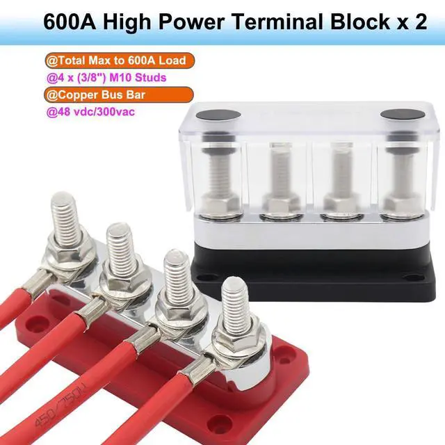 Alt view image 3 of 6 - 600A Amp Bus Bar 12V-48V Distribution Block - 8*M10 (3/8") Studs | 1 set of 2pcs Heavy Duty with Cover - For Marine Boat RV Solar Battery