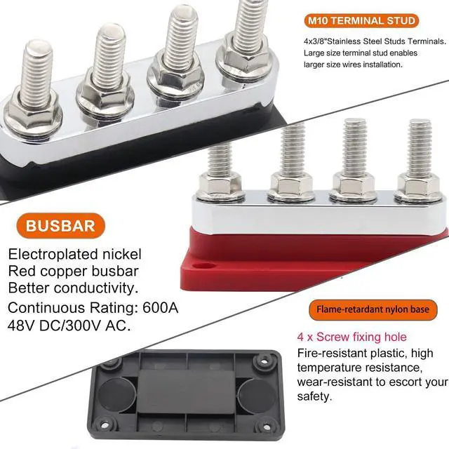 Alt view image 4 of 6 - 600A Amp Bus Bar 12V-48V Distribution Block - 8*M10 (3/8") Studs | 1 set of 2pcs Heavy Duty with Cover - For Marine Boat RV Solar Battery
