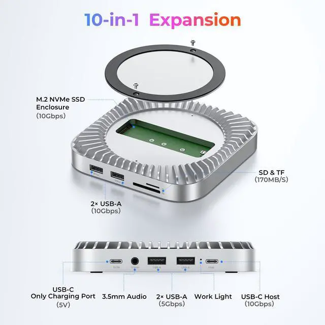 Alt view image 4 of 6 - Mac mini M4 Dock & Stand with 8T NVMe SSD Enclosure, 2 USB A 10Gbps,10G USB C Data Port, 5G USB A*2, USB-C Charge, SD/TF, Audio for Mac mini M4/ M4 Pro