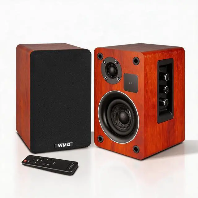 Main image of Powered Bluetooth 5.3 Bookshelf Speakers with Remote & LED Display, 3.5" Carbon Fiber Woofer, RCA AUX Input, Wooden Wired Wireless Speakers for Turntable, PC, TV, Gaming, Brown