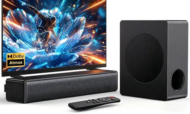 Main image of 2.1 CH Sound bar with Subwoofers, 100W Sound Bar for Smart TV, Dolby Atmos Surround Sound System, Adjustable Home Theater Bluetooth Speaker, for TV/Projector/PC