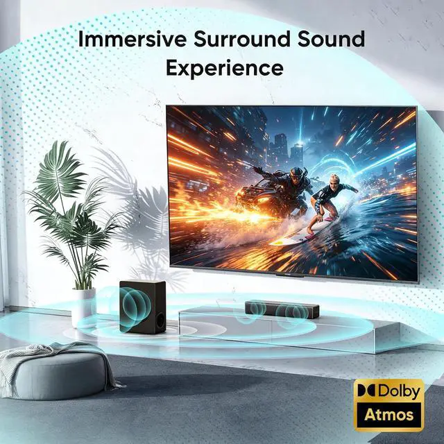 Alt view image 2 of 6 - 2.1 CH Sound bar with Subwoofers, 100W Sound Bar for Smart TV, Dolby Atmos Surround Sound System, Adjustable Home Theater Bluetooth Speaker, for TV/Projector/PC