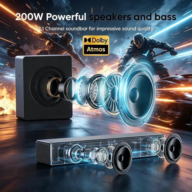 Alt view image 3 of 6 - 2.1 CH Sound bar with Subwoofers, 100W Sound Bar for Smart TV, Dolby Atmos Surround Sound System, Adjustable Home Theater Bluetooth Speaker, for TV/Projector/PC
