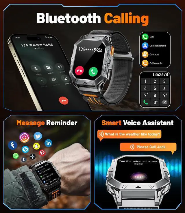 Alt view image 3 of 6 - Military Smart Watches for Men(Answer/Make Calls),100-Day Battery Life,2.13" AMOLED Outdoor Sports Smartwatch with Compass,Fitness Tracker for Android iOS,AI Voice,Silicon