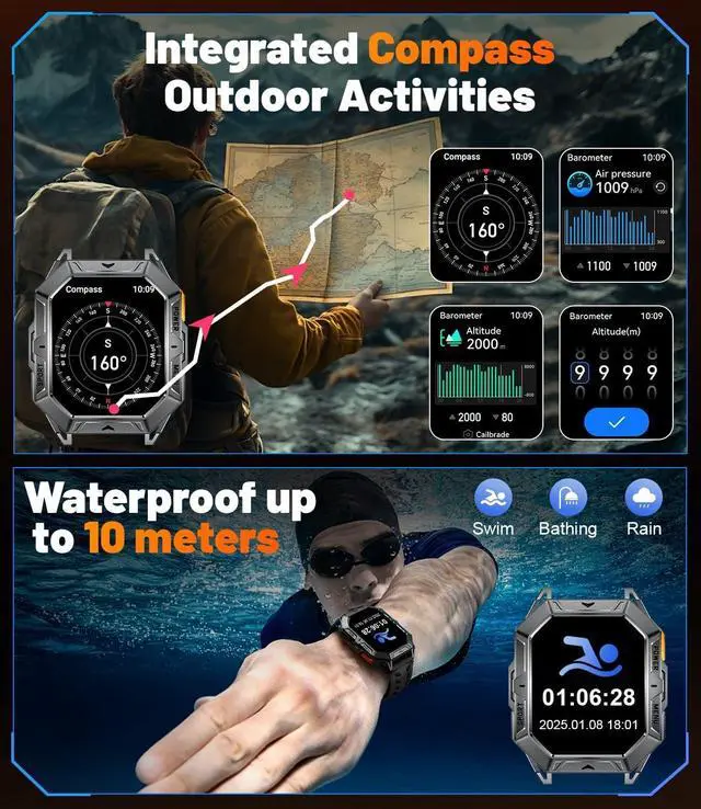 Alt view image 4 of 6 - Military Smart Watches for Men(Answer/Make Calls),100-Day Battery Life,2.13" AMOLED Outdoor Sports Smartwatch with Compass,Fitness Tracker for Android iOS,AI Voice,Silicon