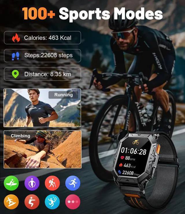 Alt view image 5 of 6 - Military Smart Watches for Men(Answer/Make Calls),100-Day Battery Life,2.13" AMOLED Outdoor Sports Smartwatch with Compass,Fitness Tracker for Android iOS,AI Voice,Silicon