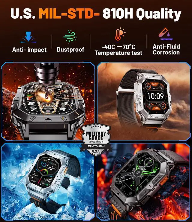 Alt view image 6 of 6 - Military Smart Watches for Men(Answer/Make Calls),100-Day Battery Life,2.13" AMOLED Outdoor Sports Smartwatch with Compass,Fitness Tracker for Android iOS,AI Voice,Silicon
