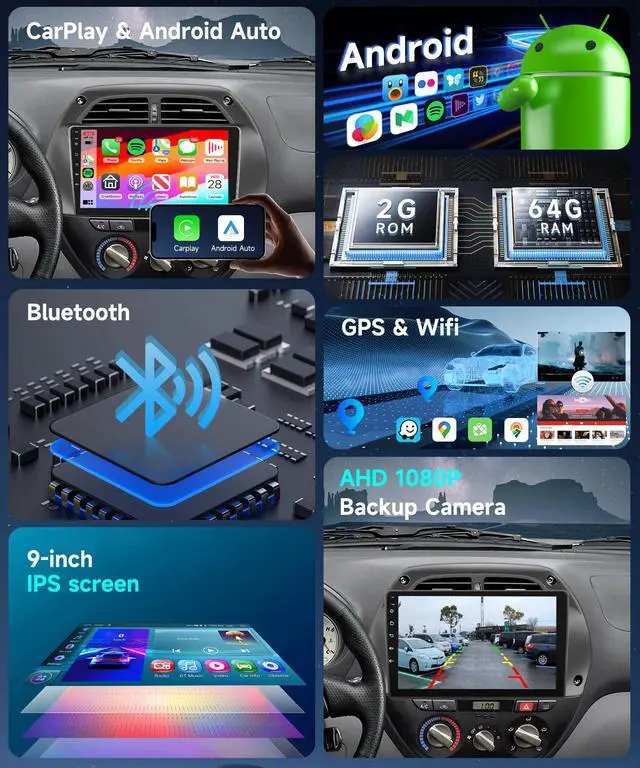 Alt view image 3 of 6 - Android 15 Car Radio for Toyota RAV4 2001 2002 2003 2004 2005 2006 Car Stereo with Wireless CarPlay Android Auto 9'' 1080P HD Touch Screen 5G WiFi Bluetooth 26UIs FM/RDS GPS MirrorLink Backup Camera