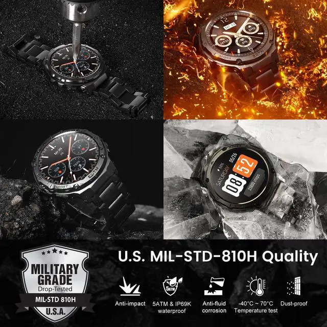Alt view image 2 of 6 - Smart Watches for Men GPS, Pressure,Altitude,Compass, 480mAh Extra-Large Battery, 50M Waterproof, Full Metal Body Rugged Smartwatch, Answer/Make Call,1.43" AMOLED Display (Black)
