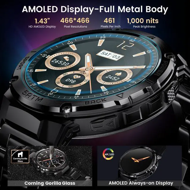 Alt view image 4 of 6 - Smart Watches for Men GPS, Pressure,Altitude,Compass, 480mAh Extra-Large Battery, 50M Waterproof, Full Metal Body Rugged Smartwatch, Answer/Make Call,1.43" AMOLED Display (Black)