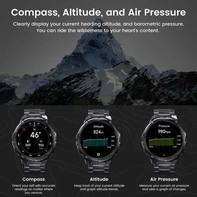 Alt view image 6 of 6 - Smart Watches for Men GPS, Pressure,Altitude,Compass, 480mAh Extra-Large Battery, 50M Waterproof, Full Metal Body Rugged Smartwatch, Answer/Make Call,1.43" AMOLED Display (Black)