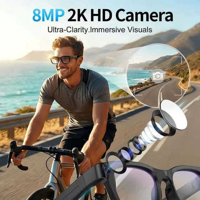 Alt view image 2 of 6 - AI Smart Glasses with Camera, 8MP HD Video Recording, Real-Time Translation, Anti-Blue Light & Sunglasses Lens, Voice Assistant, Bluetooth Calling, Open-Ear Audio, Ideal for Office, Travel, Outdoor