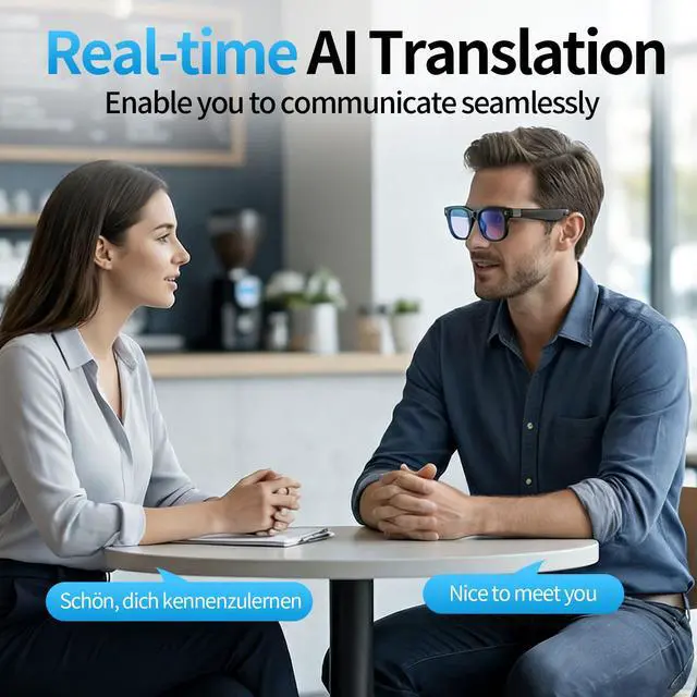 Alt view image 3 of 6 - AI Smart Glasses with Camera, 8MP HD Video Recording, Real-Time Translation, Anti-Blue Light & Sunglasses Lens, Voice Assistant, Bluetooth Calling, Open-Ear Audio, Ideal for Office, Travel, Outdoor