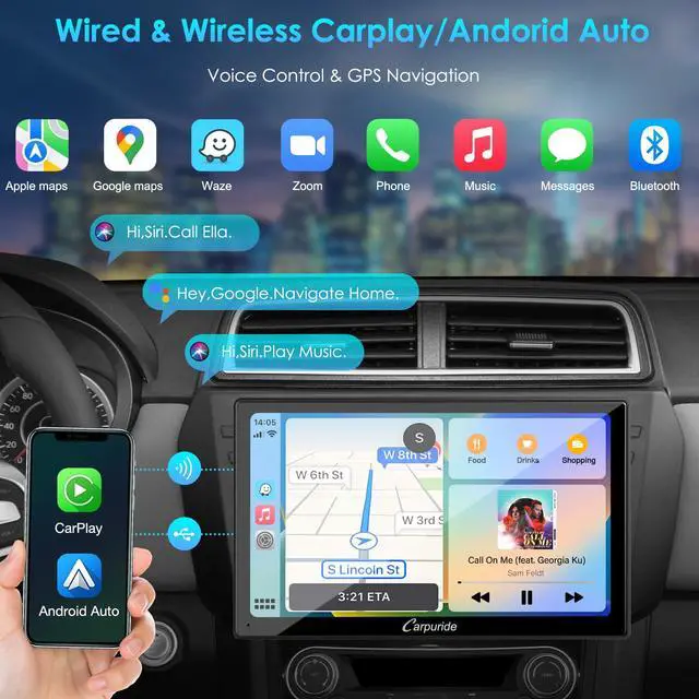 Alt view image 2 of 6 - Double Din Car Stereo with CarPlay and Android Auto Car Radio 9" HD Floating Touchscreen Car Audio Receivers with Bluetooth, EQ Subwoofer, Mirror Link, SWC, Backup Camera, AUX, AM/FM Radio