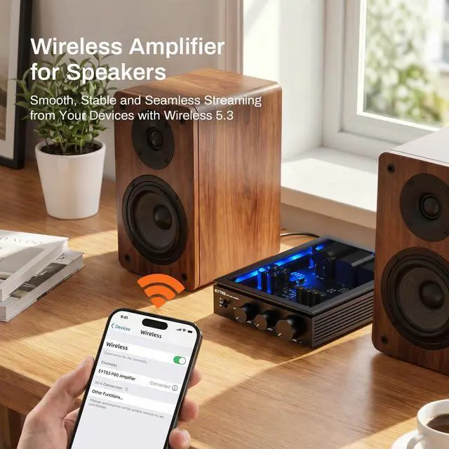 Alt view image 3 of 6 - P60 Wireless Stereo Amplifier for Passive Speakers, 300W x 2 TPA3255 2 Channel Mini Class D Home Audio Amp with PFFB, Bass Treble Control for Outdoor/Bookshelf/Turntable Speakers