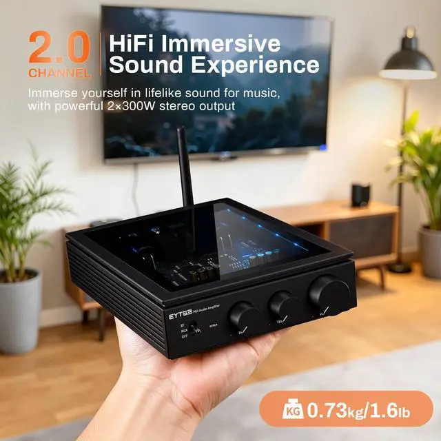 Alt view image 5 of 6 - P60 Wireless Stereo Amplifier for Passive Speakers, 300W x 2 TPA3255 2 Channel Mini Class D Home Audio Amp with PFFB, Bass Treble Control for Outdoor/Bookshelf/Turntable Speakers