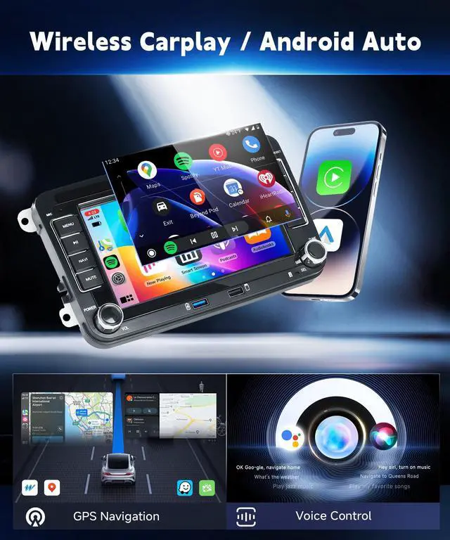 Alt view image 3 of 6 - 7 Android13 Wireless CarPlay & Android Auto Car Stereo for VW Jetta Passat Golf Tiguan 2+64G Bluetooth, GPS Navigation, Wi-Fi, Backup Camera Included,USB Slot Android Double Din Head Unit