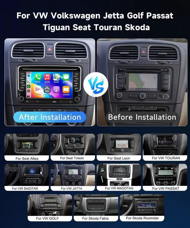 Alt view image 2 of 6 - 4G+64G Car Stereo for VW Passat Jetta MK5 MK6 Tiguan Golf Polo Seat Wireless Carplay/Android Auto Android Car Radio,7 Touch Screen GPS WiFi Bluetooth FM/RDS SWC USB/Type-C+Backup Camera