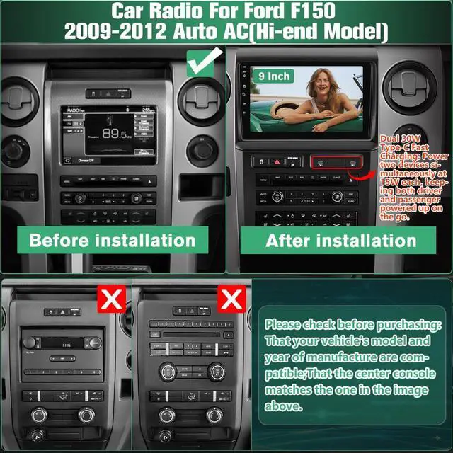 Alt view image 2 of 6 - Car Radio for Ford F150 Radio, 2009 2010 2011 2012 for F150 Android Car Stereo with 9 Inch Screen, Carplay, Touch Screen, Backup Camera, DSP, 2G RAM, 64G ROM Auto AC (High-end Model)