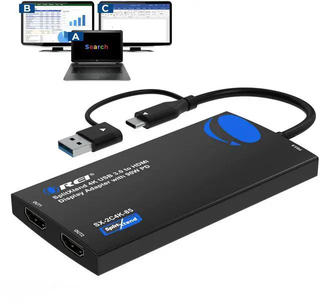 Main image of SplitExtend 4K HDMI Splitter Extended Display for Dual Monitor - Multi-Monitor Display 3 Separate Screens - USB A & USB-C Adapter to HDMI 2.0, 4K@60hz, 90W PD Charger, DisplayLink MacOS, Windows