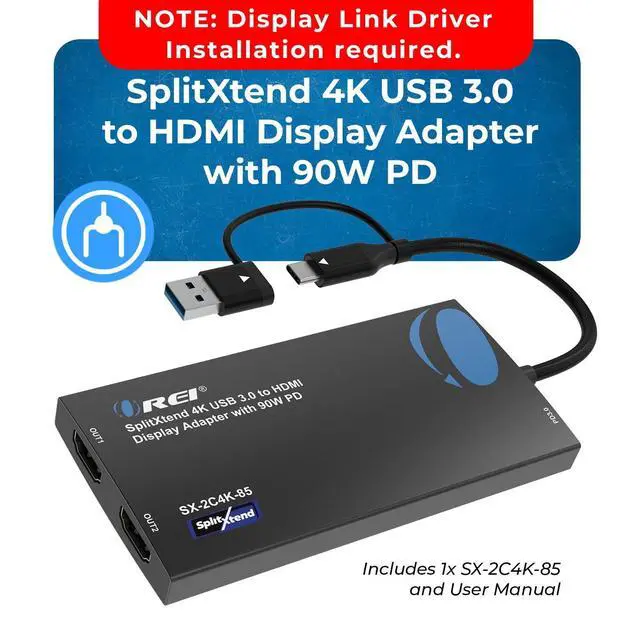 Alt view image 6 of 6 - SplitExtend 4K HDMI Splitter Extended Display for Dual Monitor - Multi-Monitor Display 3 Separate Screens - USB A & USB-C Adapter to HDMI 2.0, 4K@60hz, 90W PD Charger, DisplayLink MacOS, Windows