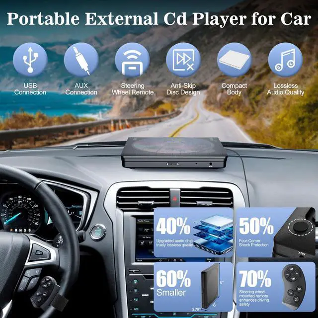 Alt view image 2 of 6 - External CD Player for Car, USB & AUX Car CD Player with Steering Wheel Remote, Plug & Play Portable CD Player for Car Without Built-in CD Drive, Anti-Shock, Hidden Cable Storage