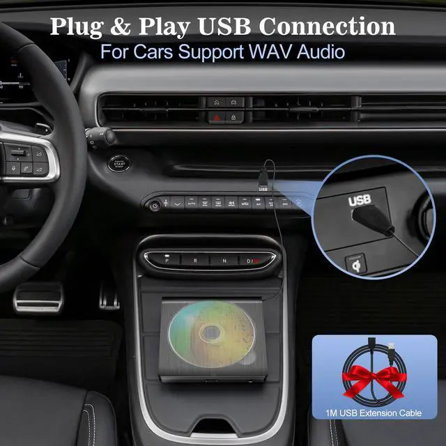 Alt view image 3 of 6 - External CD Player for Car, USB & AUX Car CD Player with Steering Wheel Remote, Plug & Play Portable CD Player for Car Without Built-in CD Drive, Anti-Shock, Hidden Cable Storage