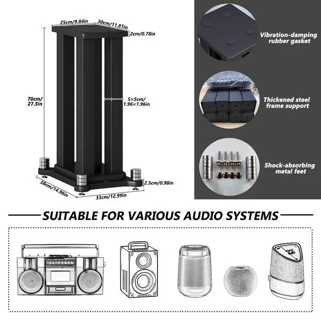Alt view image 3 of 6 - A Pair of Speaker Stands, Bookshelf Speaker Stand Steel Frame Support for Speakers up to 40 kg, Vibration-Absorbing MDF Design, Studio Monitor Stands Improves Sound Quality (60cm/23.6in)