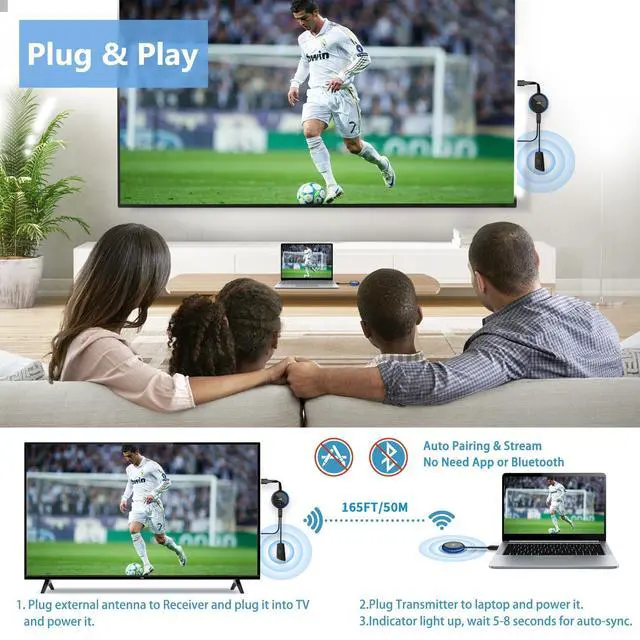 Alt view image 2 of 6 - Wireless HDMI Transmitter and Receiver 4K, 2.4 & 5G, Plug & Play HDMI Wireless Extender Smooth Casting Video/Audio for Laptop, PC, Cable Box, Camera, Blu-ray, DVD to Monitor, Projector, HDTV