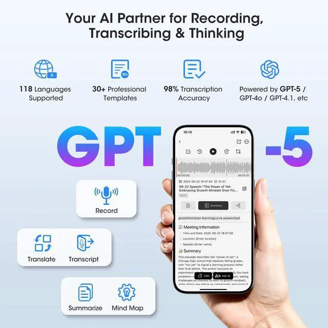 Alt view image 2 of 6 - AI Voice Recorder - AI Note Taking Device with Transcribe & Summarize, Support 118 Languages, 64GB APP Control, AI Noise Cancellation, Clear Audio Recorder for Lectures, Meetings, Calls