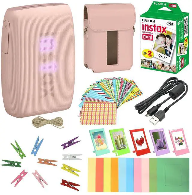 Main image of Bundle with Compatible Fuji Mini Link 3 Smartphone Printer Clay White + Fuji Film Value Pack 20 Sheets Accessories Bundle with Album + 5 Plastic Desk Frames + Paper & Sticker Frames (Rose Pink)
