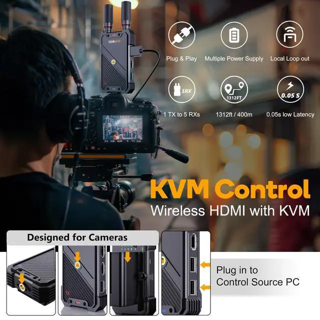 Alt view image 2 of 6 - Wireless Video Transmitter and Receiver,KVM Remote Control,1312ft/400m, <0.05s Latency, 1TX to 5RX, Loop-Out,from PC Laptop Camera STB to TV Projector Screen Live Streaming Remote Monitoring