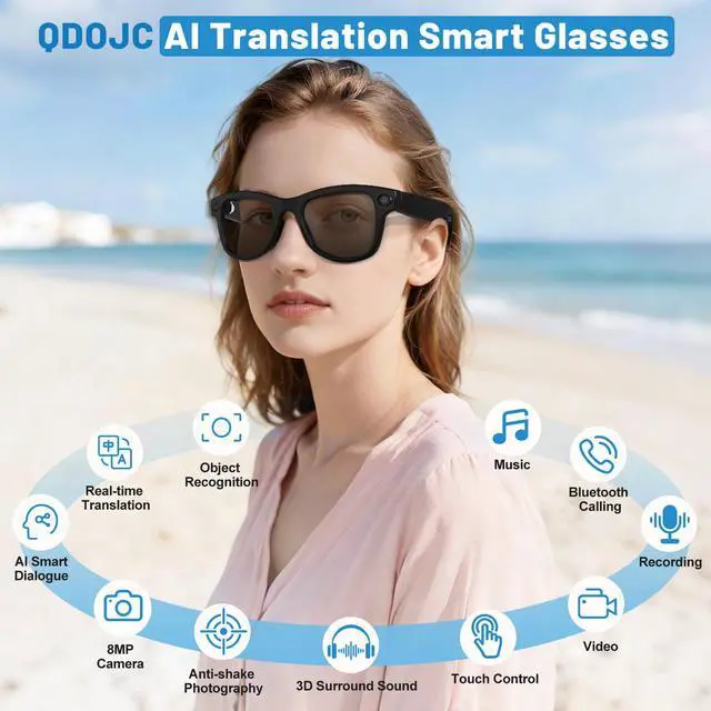 Alt view image 2 of 6 - Smart Glasses with Camera and Bluetooth 8MP 4K Camera Glasses with Charging Case AI Glasses with Transition Lenses Touch Control Voice Assistant Recording and Video for Men and Women