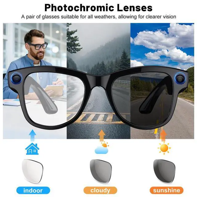 Alt view image 4 of 6 - Smart Glasses with Camera and Bluetooth 8MP 4K Camera Glasses with Charging Case AI Glasses with Transition Lenses Touch Control Voice Assistant Recording and Video for Men and Women