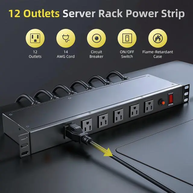 Alt view image 2 of 6 - 12-Outlet 1U Rack Mount PDU Power Strip 6 Front/6 Rear Outlets, 15A 125V, 10ft Cord with Right-Angle Plug for Server, Network & AV Racks