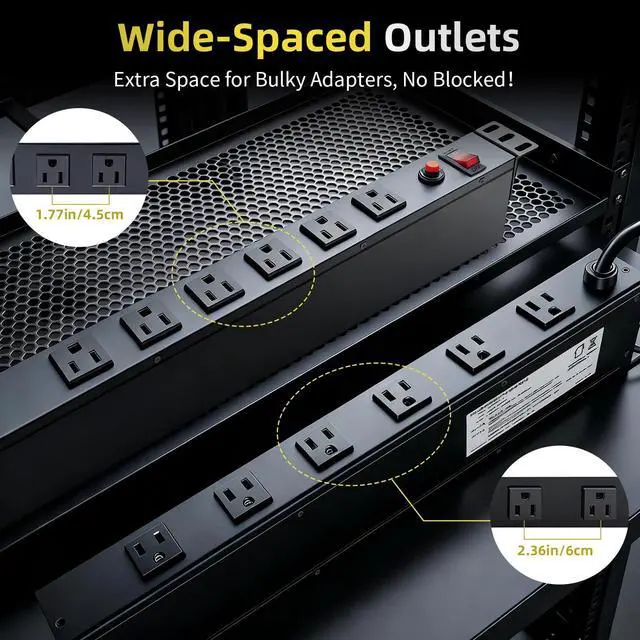 Alt view image 4 of 6 - 12-Outlet 1U Rack Mount PDU Power Strip 6 Front/6 Rear Outlets, 15A 125V, 10ft Cord with Right-Angle Plug for Server, Network & AV Racks