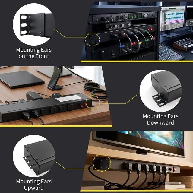 Alt view image 6 of 6 - 12-Outlet 1U Rack Mount PDU Power Strip 6 Front/6 Rear Outlets, 15A 125V, 10ft Cord with Right-Angle Plug for Server, Network & AV Racks