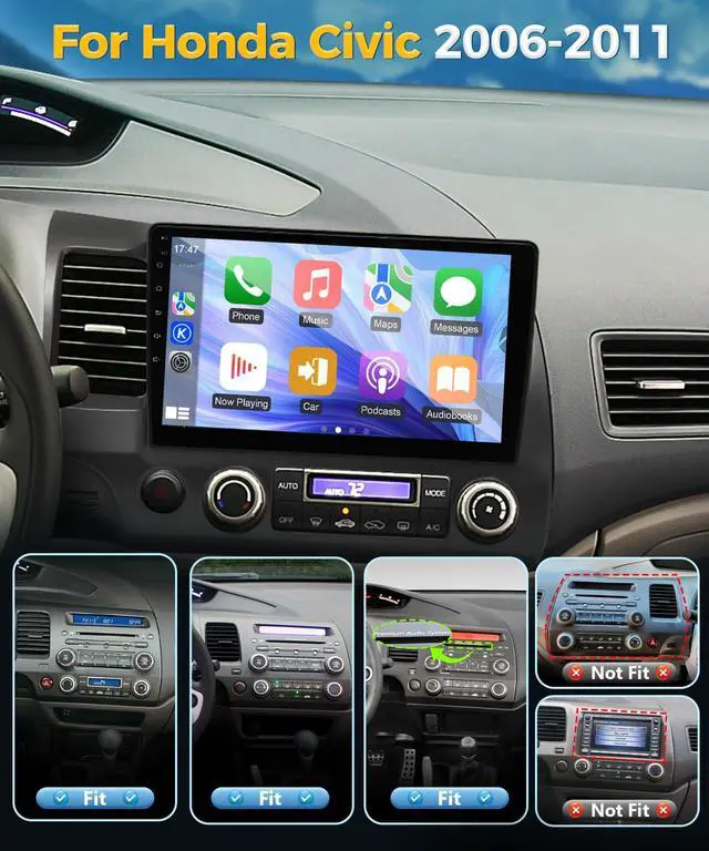 Alt view image 2 of 6 - 8 Core 4+64G Car Stereo for Honda Civic 2006 2007 2008 2009 2010 2011 Radio Apple Carplay Android Auto,10.1" Touch Screen for Civic Head Unit GPS Navi/5G WiFi/FM RDS EQ HiFi/SWC/Backup Camera