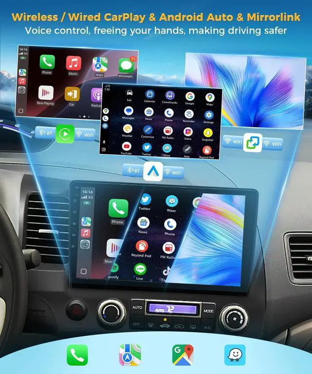 Alt view image 3 of 6 - 8 Core 4+64G Car Stereo for Honda Civic 2006 2007 2008 2009 2010 2011 Radio Apple Carplay Android Auto,10.1" Touch Screen for Civic Head Unit GPS Navi/5G WiFi/FM RDS EQ HiFi/SWC/Backup Camera