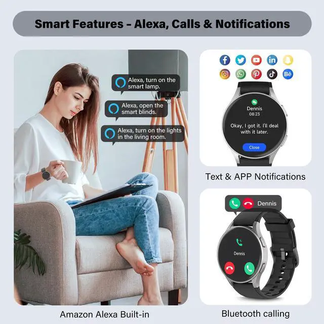 Alt view image 6 of 6 - Smart Watch for Men Women (Answer/Make Calls) - 1.32" AMOLED Matte Black Fitness Tracker with GPS & Alexa, 5ATM Waterproof Activity Monitor, Heart Rate/Sleep/SpO2, Sports Watch for Android iPhone