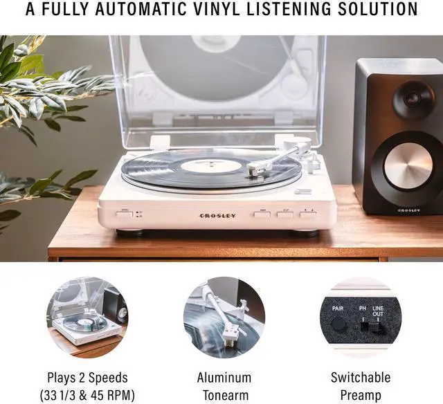 Alt view image 3 of 6 - T400D-WH Fully Automatic Bluetooth 2-Speed Turntable Record Player with Built-in Preamp, White