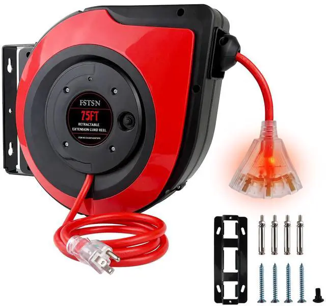 Main image of Retractable Extension Cord Reel 75 Feet - 14 AWG/3C SJTOW Heavy Duty Power Cord with 3 Lighted Outlets & 10A Circuit Breaker -Indoor Use for Garage, Workshop, Garden, Home (Red)