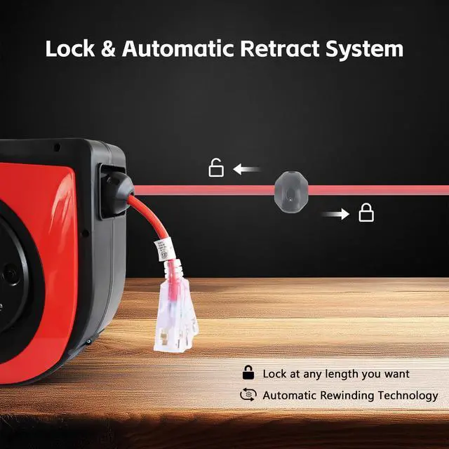 Alt view image 2 of 6 - Retractable Extension Cord Reel 75 Feet - 14 AWG/3C SJTOW Heavy Duty Power Cord with 3 Lighted Outlets & 10A Circuit Breaker -Indoor Use for Garage, Workshop, Garden, Home (Red)