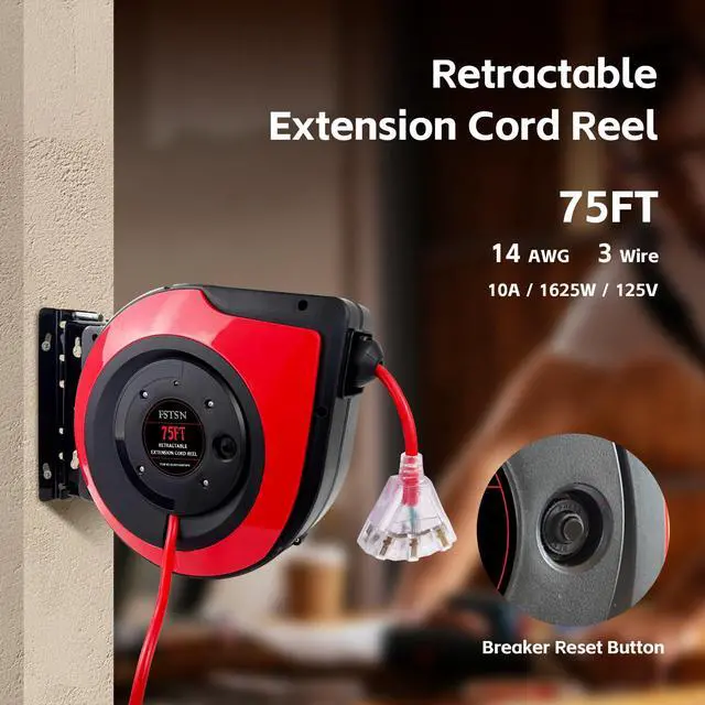 Alt view image 3 of 6 - Retractable Extension Cord Reel 75 Feet - 14 AWG/3C SJTOW Heavy Duty Power Cord with 3 Lighted Outlets & 10A Circuit Breaker -Indoor Use for Garage, Workshop, Garden, Home (Red)