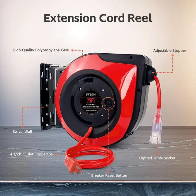 Alt view image 5 of 6 - Retractable Extension Cord Reel 75 Feet - 14 AWG/3C SJTOW Heavy Duty Power Cord with 3 Lighted Outlets & 10A Circuit Breaker -Indoor Use for Garage, Workshop, Garden, Home (Red)