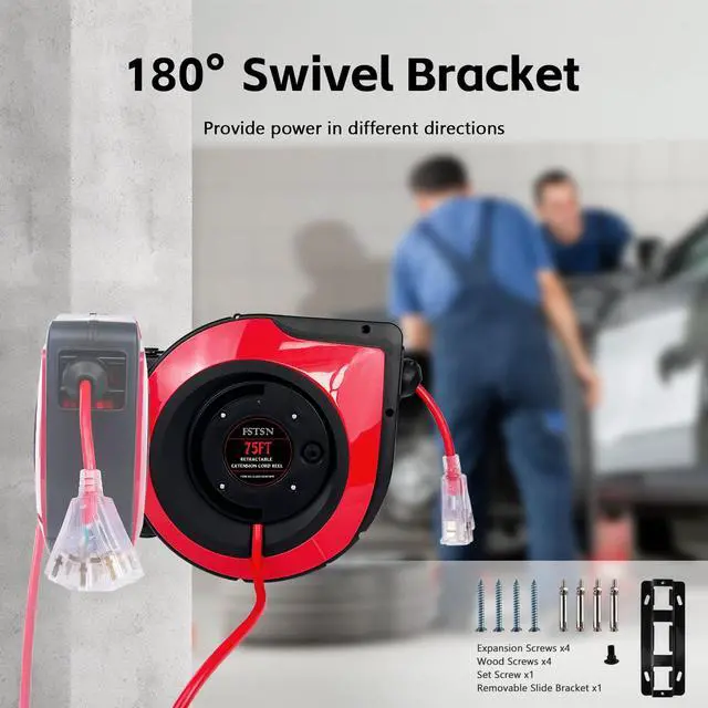 Alt view image 6 of 6 - Retractable Extension Cord Reel 75 Feet - 14 AWG/3C SJTOW Heavy Duty Power Cord with 3 Lighted Outlets & 10A Circuit Breaker -Indoor Use for Garage, Workshop, Garden, Home (Red)